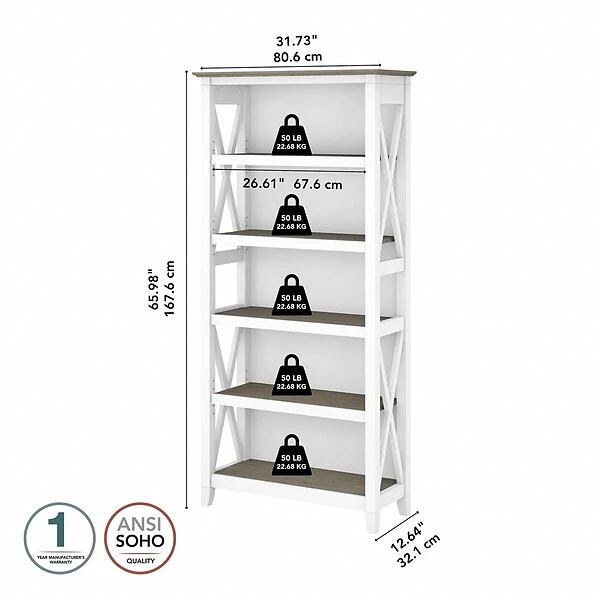 Bush Furniture Key West 5-Shelf 66"H Bookcase, Shiplap Gray/Pure White (KWB132G2W-03) - Image 3