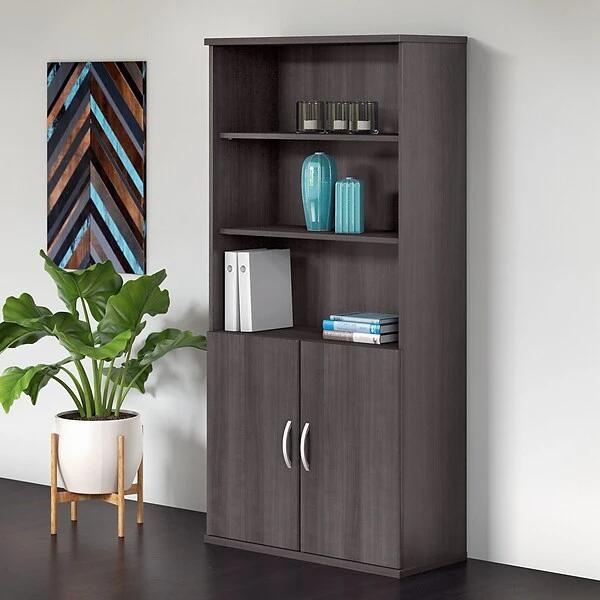 Bush Business Furniture Studio C 5 Shelf Bookcase With Doors, Storm Gray (STC015SG)