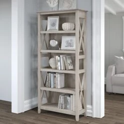 Bush Furniture Key West 5 Shelf Bookcase, Washed Gray (KWB132WG-03)