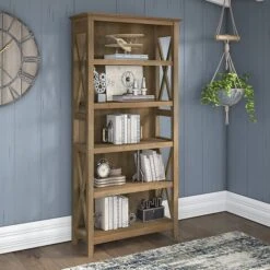 Bush Furniture Key West 5-Shelf 66"H Bookcase, Reclaimed Pine (KWB132RCP-03)