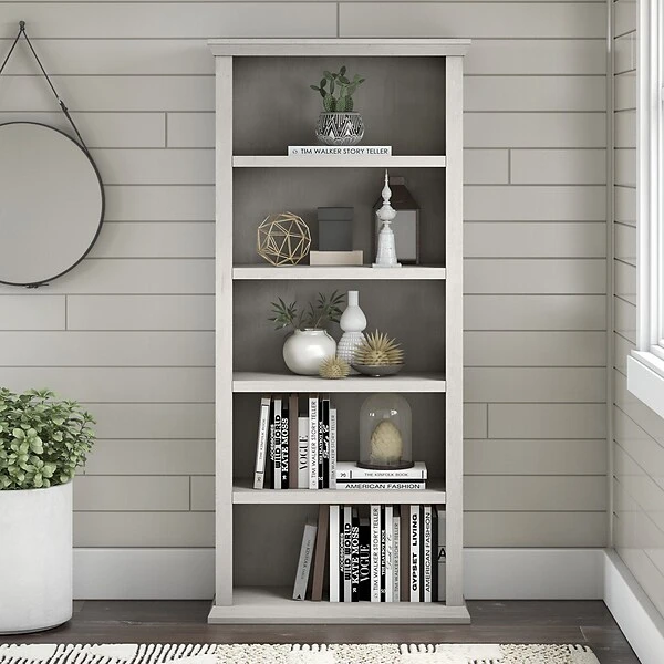 Bush Furniture Yorktown 5-Shelf 67"H Bookcase, Linen White Oak (WC40466-03)
