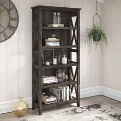 Bush Furniture Key West 5-Shelf 66"H Bookcase, Dark Gray Hickory (KWB132GH-03)