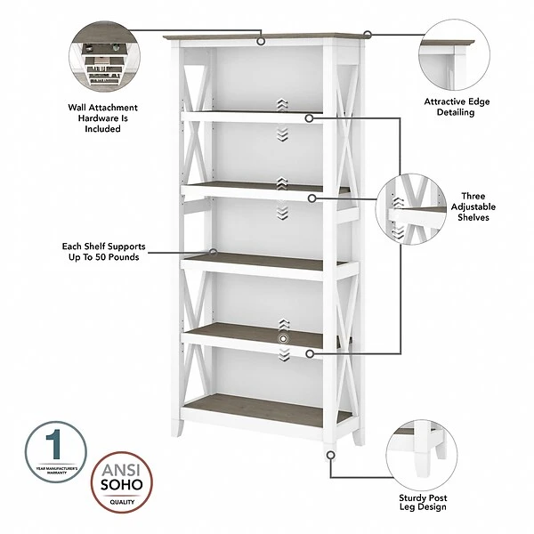 Bush Furniture Key West 5-Shelf 66"H Bookcase, Shiplap Gray/Pure White (KWB132G2W-03) - Image 2