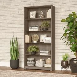 Bush Furniture Cabot 5 Shelf 66"H Bookcase, Linen White Oak (WC31166-03)