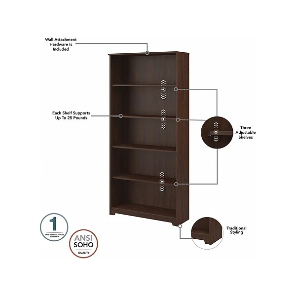 Bush Furniture Cabot 5 Shelf 66"H Bookcase, Modern Walnut (WC31066) - Image 2