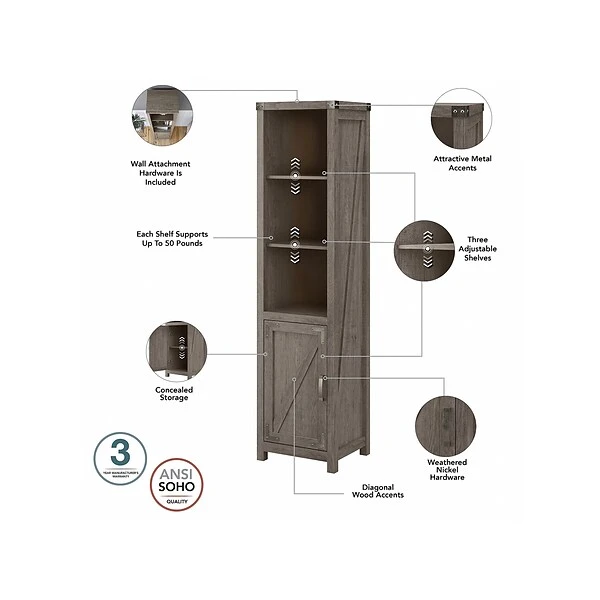 Kathy IrelandĀ® Home By Bush Furniture Cottage Grove 5-Shelf 72"H Bookcase, Restored Gray (CGB118RTG-03) - Image 2