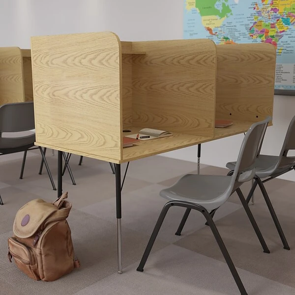 Flash Furniture 70"W Stand-Alone Double Study Carrel With Top Shelf, Oak (MTM6222DSCOAK)