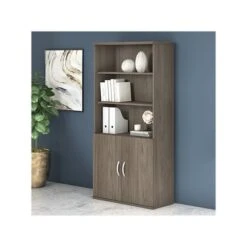 Bush Business Furniture Studio C Tall 5 Shelf Bookcase With Doors, Modern Hickory (STC015MH)