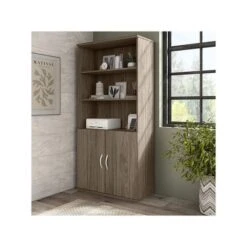 Bush Business Furniture Hybrid 5-Shelf 73"H Tall Bookcase With Doors, Modern Hickory (HYB024MH)