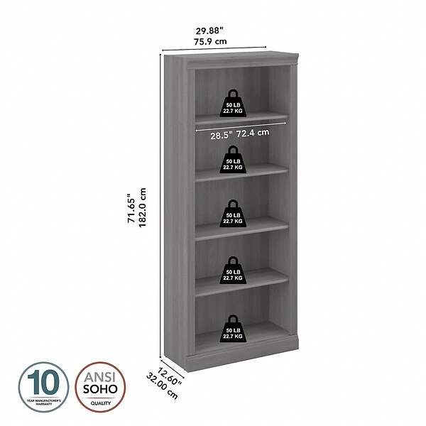 Bush Furniture Saratoga 5-Shelf 72"H Bookcase, Modern Gray (W1655C-03) - Image 3