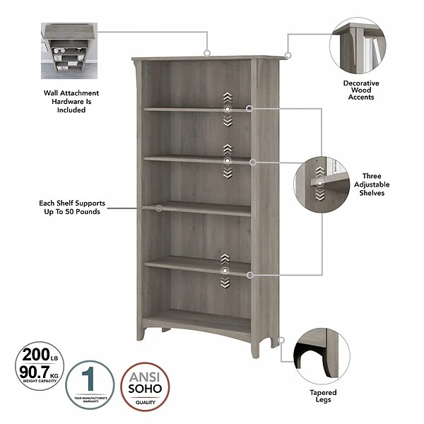 Bush Furniture Salinas 5-Shelf 63"H Tall Bookcase, Driftwood Gray, 2/Set (SAL036DG) - Image 2