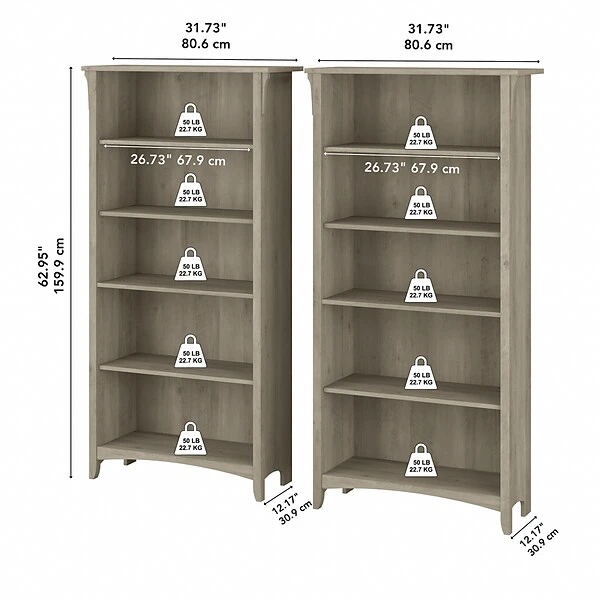 Bush Furniture Salinas 5-Shelf 63"H Tall Bookcase, Driftwood Gray, 2/Set (SAL036DG) - Image 3