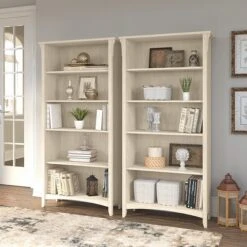 Bush Furniture Salinas 5-Shelf 63"H Tall Bookcase, Antique White, 2/Set (SAL036AW)