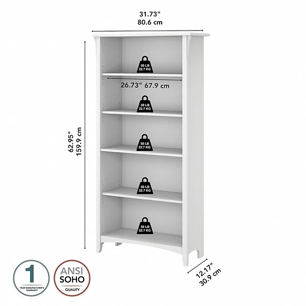 Bush Furniture Salinas 5-Shelf 63"H Bookcase, Pure White (SAB132G2W-03) - Image 3
