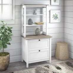 Bush Furniture Mayfield 2-Shelf 66"H Standard Bookcase With Drawers, Pure White/Shiplap Gray (MAY018GW2)