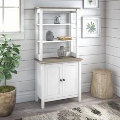 Bush Furniture Mayfield 5-Shelf 66"H Standard Bookcase With Doors, Pure White/Shiplap Gray (MAY019GW2)