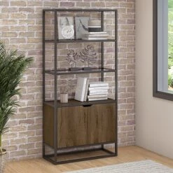 Bush Furniture Anthropology 5 Shelf Bookcase With Doors, Rustic Brown Embossed (ATB130RB-03)
